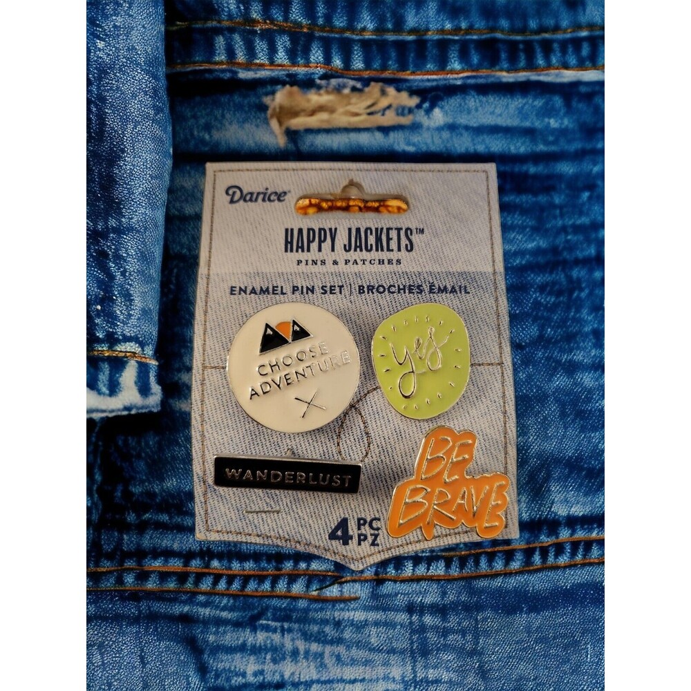 Darice Enamel Pin Set Happy Jackets Ironic Phrases 4 Pc Pz Wanderlust Be Brave
